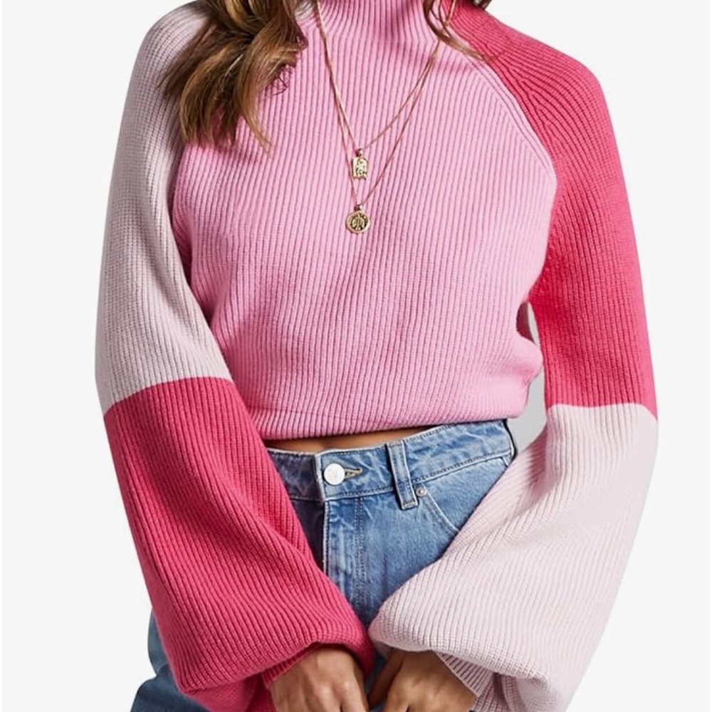 Zaful NWT L PINKS COLOR BLOCK MOCK NECK PUFF SLEEVES CROPPED KNIT SWEATER